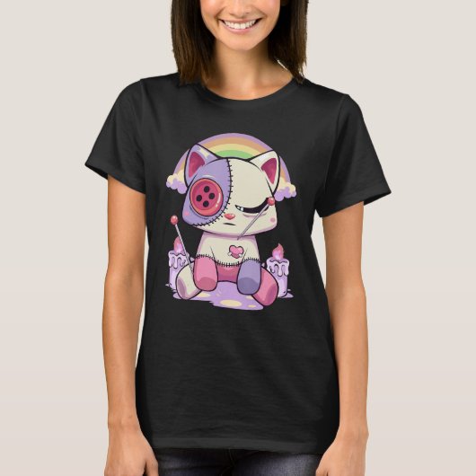 Pastel Gothic Menhera Sad Creepy Voodoo Doll Cat T-shirt (Voorkant)
