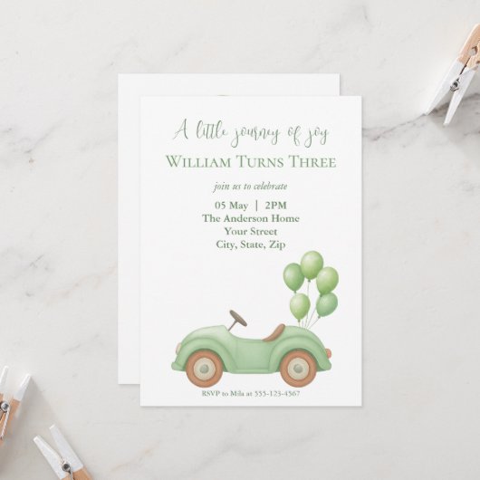 Pastel Green Car & Balloon Invitation Anniversaire (Devant/Arrière en situation)