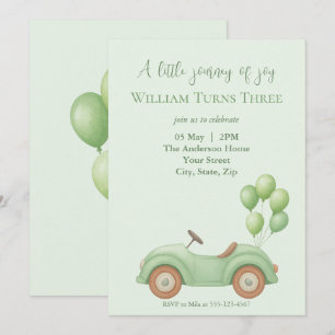 Pastel Green Car & Balloon Invitation Anniversaire