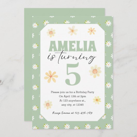 Pastel Green Daisy Anniversaire Invitation Quel qu (Devant / Derrière)