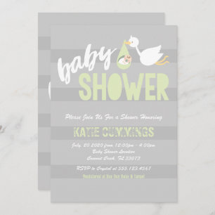 Pastel Green & Grey, Stork Baby shower Invitation Kaart