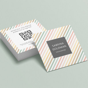 Pastel Green Pink Coral Yellow Stripes QR CODE Vierkante Visitekaartje