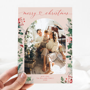 Pastel Greenery Arche rouge rose Carte de Noël