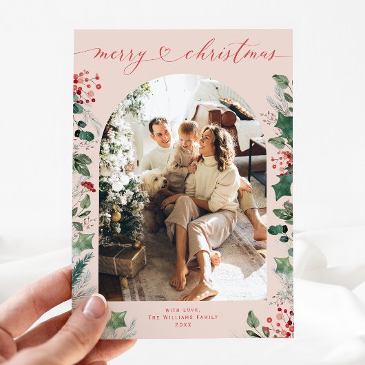 Pastel Greenery Arche rouge rose Carte de Noël