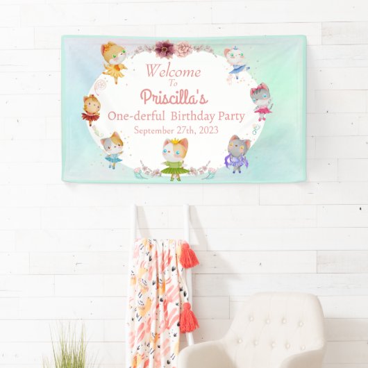 Pastel Groen Alle Ballerina Kat Kids Verjaardagsfe Spandoek (Insitu)