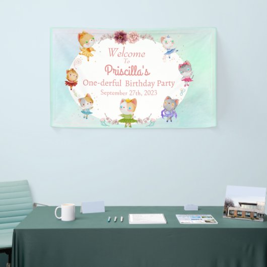 Pastel Groen Alle Ballerina Kat Kids Verjaardagsfe Spandoek (Beurs)