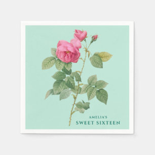 Pastel Groen en Roze Rose  Botanisch Servet