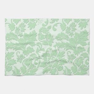 Pastel Groen Monochromatische Bloemen Damast Theedoek