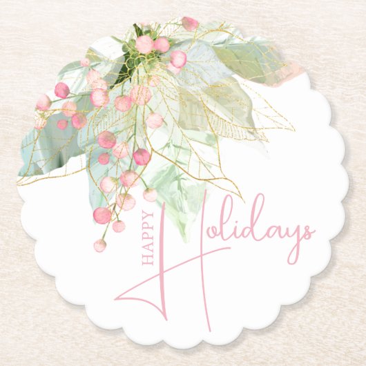 Pastel Groen Roze Goud Poinsettia Holiday Scallop Kartonnen Onderzetters (Voorkant)