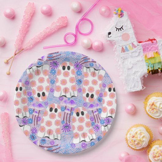 Pastel Halloween Floral Ghosts Papieren Bordje (Feest)
