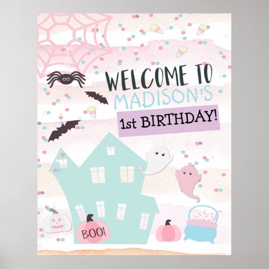 Pastel Halloween Ghost Birthday Welcome Sign. Poster (Voorkant)