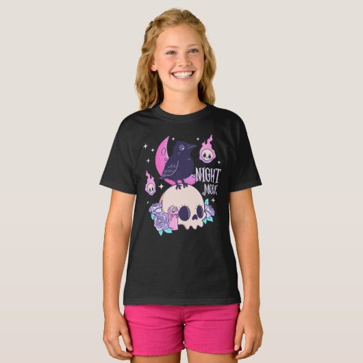 Pastel Halloween Skull and Crow Night Mode Fall T-shirt (Voorkant volledig)