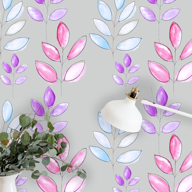 Pastel Handbeschilderde Waterverf Bladeren op grij Behang (Creator heeft geüpload)