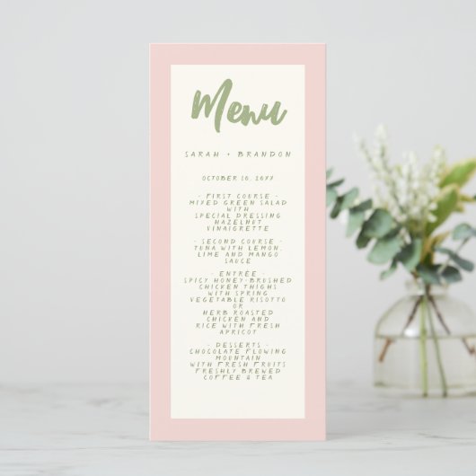 Pastel Handschrift Pinky Retro Bruiloft Menu (Staand voorkant)