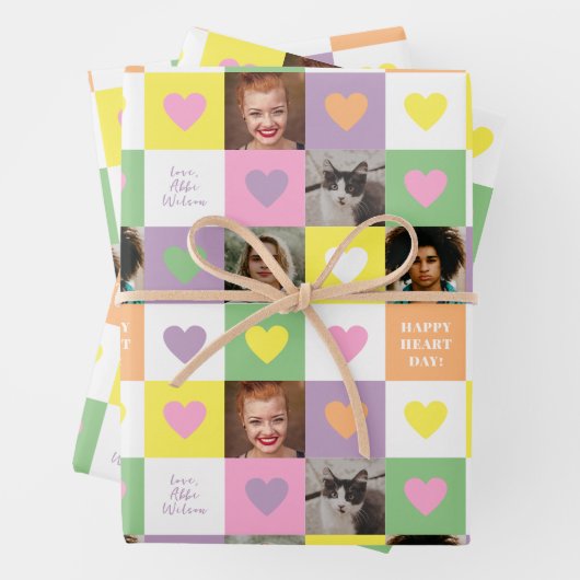 Pastel Heart Checkerboard with Photos Valentine Inpakpapier Vel (In situ)