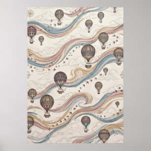 Pastel Heet Lucht Ballonnen Wervelend Windpatroon Poster