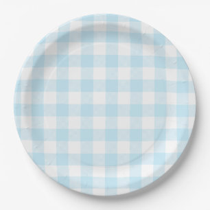 Pastel Hemelblauw Gingham Streeppatroon Papieren Bordje