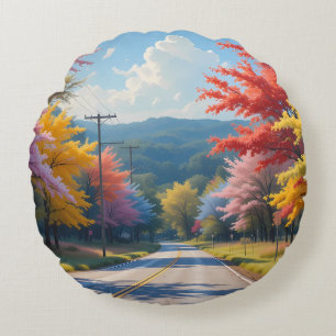 Pastel herfst landweg aquarel rond kussen