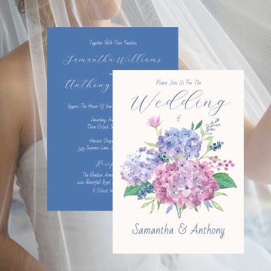 Pastel Hydrangea Flowers, Blue Wedding Invitation Kaart