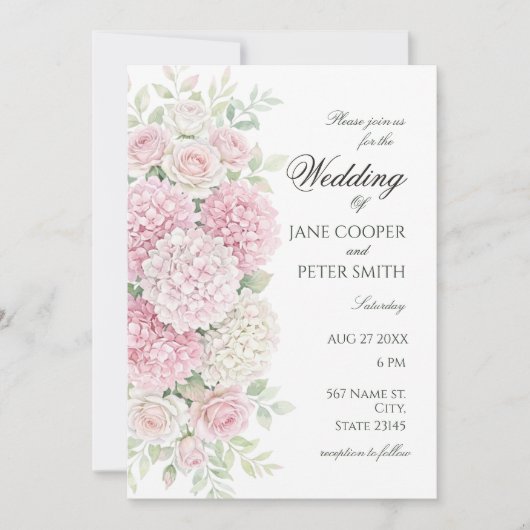 Pastel hydrangeas and roses Budget Wedding Kaart (Voorkant)