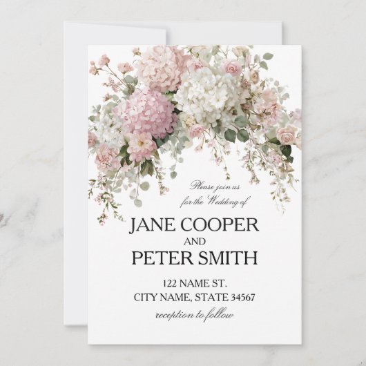 Pastel hydrangea's en rozen Budget Bruiloft Kaart (Voorkant)