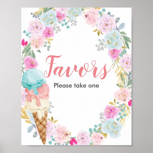 Pastel Ice crème Flowers Waterverf Favor Sign Poster (Voorkant)