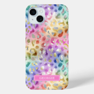 Pastel Iridiscient Luipaardprint Monogram iPhone 15 Mini Hoesje
