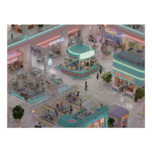 Pastel Isometrische Winkelplein met Neon Winkels Perfect Poster