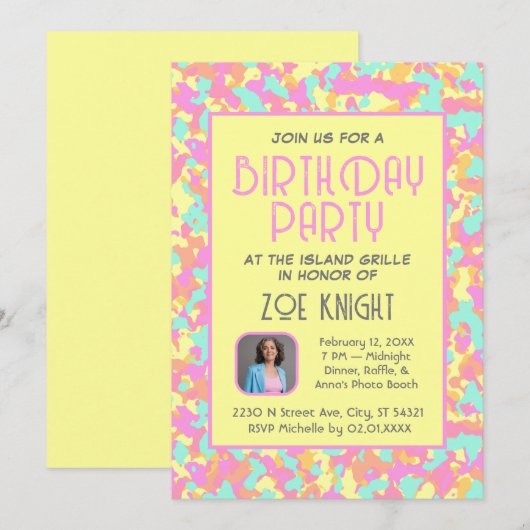 Pastel Jaune Confetti Invitation de fête d'anniver (Devant / Derrière)