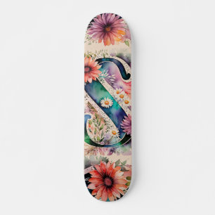 Pastel & Jewel Tone Waterverf Bloemen Monogram S Skateboard