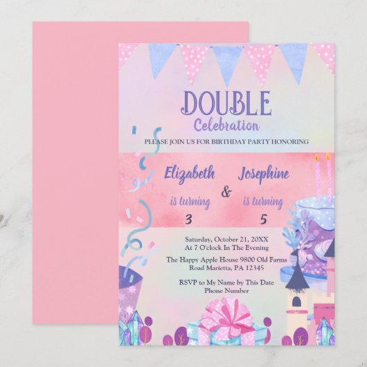 Pastel Joint Girls Double Birthday Celebration Kaart (Voorkant / Achterkant)