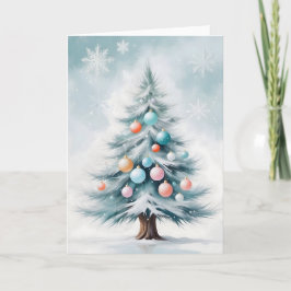 Pastel kale dennnenboom grote glanzende ornamenten feestdagen kaart