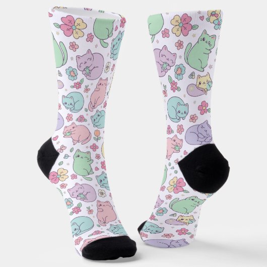 Pastel Kawaii Cats and Spring Flowers Pattern Sokken (Gebogen)
