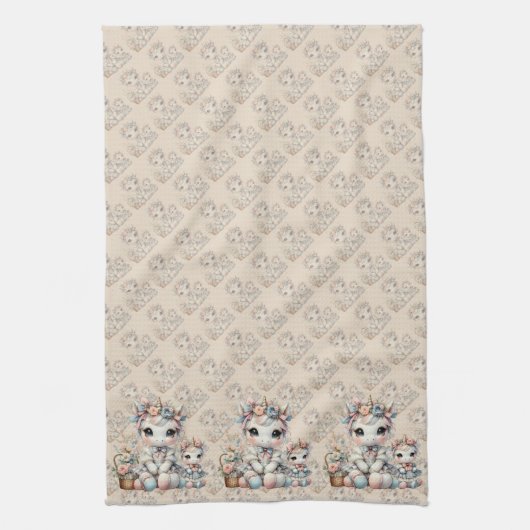 Pastel Kawaii Eenhoorn Moeder Dochter Duo Beige Theedoek (Verticaal)