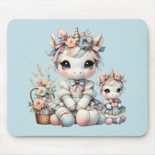 Pastel Kawaii Eenhoorn Moeder Dochter Duo Blauw Muismat (Voorkant)