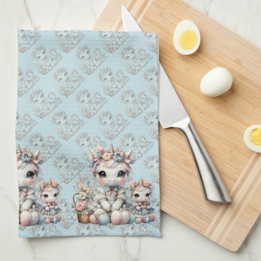 Pastel Kawaii Eenhoorn Moeder Dochter Duo Blauw Theedoek (Quarter Fold)