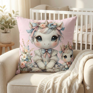 Pastel Kawaii Eenhoorn Moeder Dochter Duo Roze Kussen