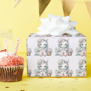 Pastel Kawaii Eenhoorn Pop met Bloemenmand Cadeaupapier