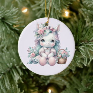 Pastel Kawaii Eenhoorn Pop met Bloemenmand Keramisch Ornament