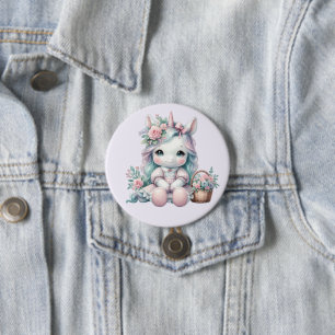 Pastel Kawaii Eenhoorn Pop met Bloemenmand Ronde Button 7,6 Cm