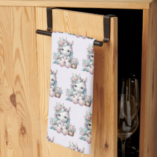 Pastel Kawaii Eenhoorn Pop met Bloemenmand Theedoek