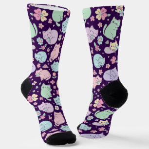 Pastel Kawaii Katten en Lente Bloemen Patroon Sokken