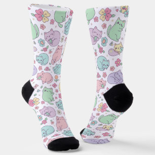 Pastel Kawaii Katten en Lente Bloemen Patroon Sokken