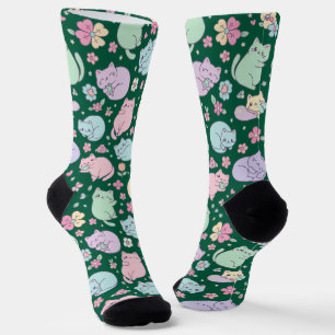 Pastel Kawaii Katten en Lente Bloemen Patroon Sokken