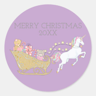 Pastel Kerst Unicorn Sinterklaas slee Paars Ronde Sticker