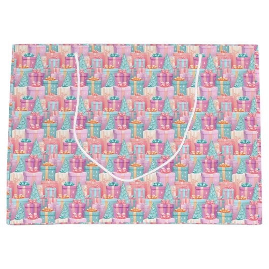 Pastel kerstcadeaus en bomen papier groot cadeauzakje (Voorkant)
