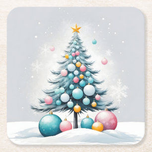 Pastel Kerstmis Oversized Blauwe Roze Ornament Vierkante Kartonnen Onderzetter