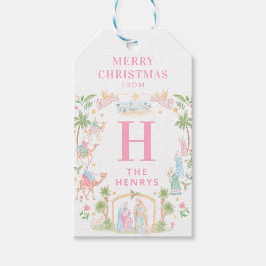 Pastel Kerststal Monogram Cadeaulabel (Voorkant)
