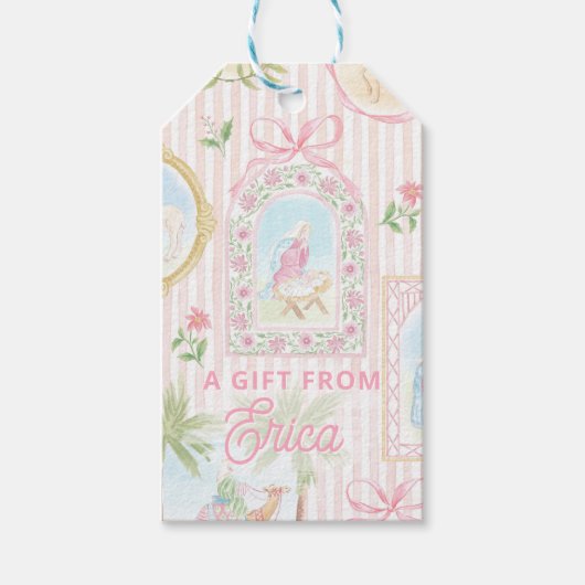 Pastel Kerststal | Scènes Gestreept Cadeaulabel (Voorkant)
