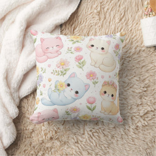 Pastel Kitten en Worpkussen met Bloempatroon Kussen